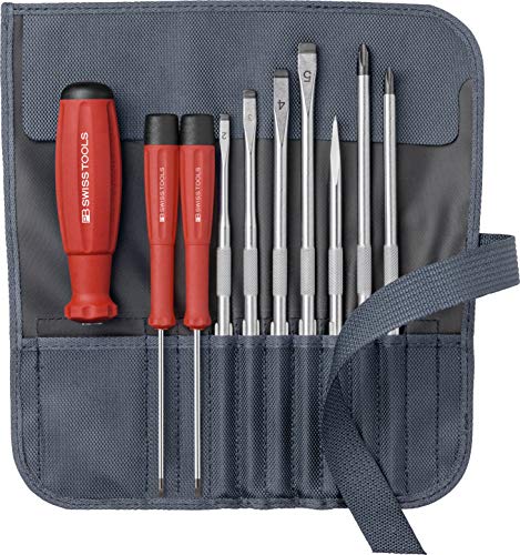 PB Swiss Tools Schlitz/Kreuzschlitz/Ahle Schraubendreher Set PB 8218.GY - 100% Swiss Made - 10-teiliges Schraubenzieher Set mit 7 Wechselklingen, inklusive hochwertiger Stoff-Rolltasche von PB Swiss Tools