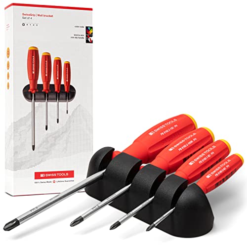 PB Swiss Tools Kreuzschlitz Schraubendreher Set PB 8242 | 100% Swiss Made | 4-teiliges SwissGrip Schraubenzieher Set PH 0/1/2/3 inklusive praktischer Wandhalterung von PB Swiss Tools