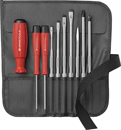 PB Swiss Tools Schraubendreher Set mit Schlitz/Kreuzschlitz/Ahle Wechselklingen PB 8218.BK | 100% Swiss Made | 10-teilige Schraubenzieher Grundausstattung inklusive hochwertiger Stoff-Rolltasche von PB Swiss Tools