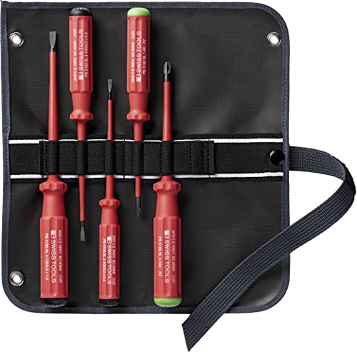 PB Swiss Tools Slim Pozidriv Schlitz VDE Schraubendreher Set PB 5543.SU SL GY | 100% Swiss Made | 5-teiliges Elektro Schraubenzieher Set Schlitz 1/2/3/4 PZ1 PZ2 in hochwertiger Stoff-Rolltasche von PB Swiss Tools