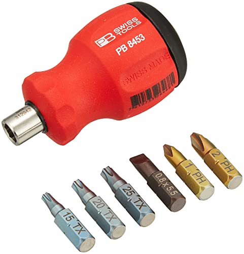 PB Swiss Tools Insider Stubby, Universalhalter Für PrecisionBits C6 1/4", SwissGrip Kurzer Griff, Mit Magnet, Mit Integriertem Bitmagazin Für 6 PrecisionBits von PB Swiss Tools