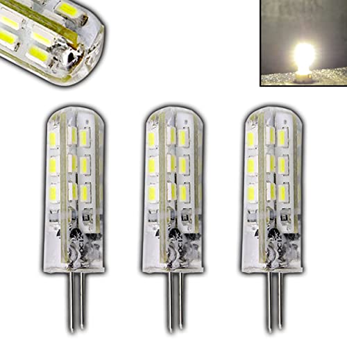 3x G4 LED mit 1,5 Watt dimmbar und 24 SMDs tageslichtweiß/Tageslicht 5000 Kelvin 12V DC für Dimmer Halogenförmig Stiftsockel 330° Leuchtmittel Lampensockel Spot Halogenersatz Lampe von PB-Versand