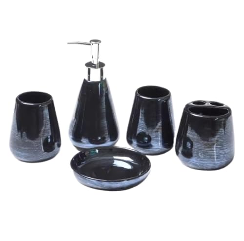 PBDEIOEOE Badezimmer-Accessoires-Set, 5 Packungen Keramikbedarf Enthält Zahnbürstenhalter Seifenschale und Tasse Wohnung(Black) von PBDEIOEOE