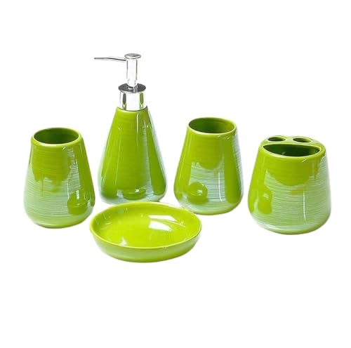 PBDEIOEOE Badezimmer-Accessoires-Set, 5 Packungen Keramikbedarf Enthält Zahnbürstenhalter Seifenschale und Tasse Wohnung(Grün) von PBDEIOEOE