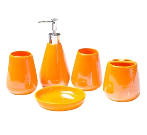 PBDEIOEOE Badezimmer-Accessoires-Set, 5 Packungen Keramikbedarf Enthält Zahnbürstenhalter Seifenschale und Tasse Wohnung(Orange) von PBDEIOEOE