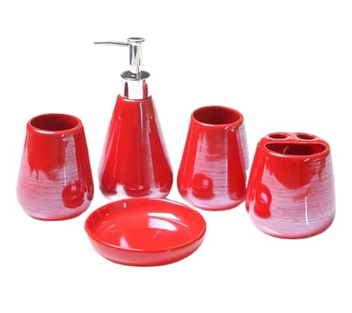 PBDEIOEOE Badezimmer-Accessoires-Set, 5 Packungen Keramikbedarf Enthält Zahnbürstenhalter Seifenschale und Tasse Wohnung(Rosso) von PBDEIOEOE