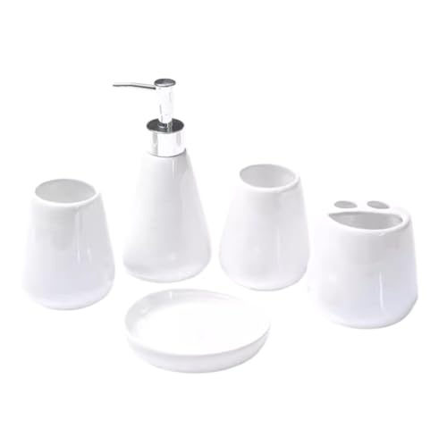 PBDEIOEOE Badezimmer-Accessoires-Set, 5 Packungen Keramikbedarf Enthält Zahnbürstenhalter Seifenschale und Tasse Wohnung(White) von PBDEIOEOE