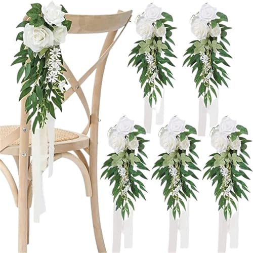 Stuhl Künstliche Blumen Schärpen Knoten Krawatten Rose Bankett Abdeckung for Kirche Hochzeit Party-Events Dekoration Lieferungen(White,4pcs) von PBHGMGEBLV