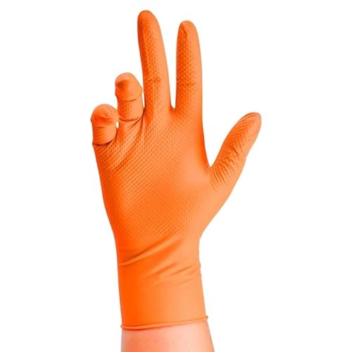 PBHOVIITG 10/30/50 Stück orangefarbene Einweghandschuhe aus Nitril, 8 Mil, strapazierfähig, industrielle, erhabene Rautenstruktur, latexfrei, Sicherheitsarbeit, Mechaniker(Diamond Orange 50PCS,XL) von PBHOVIITG
