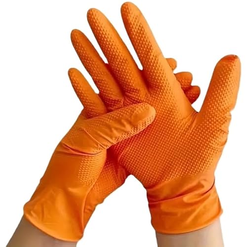 PBHOVIITG 30/50 Stück 8 Mil dicke schwarze Nitrilhandschuhe mit Diamantstruktur, Einweghandschuhe, strapazierfähig, reißfest, for Mechaniker(Diamond Orange 30PCS,L) von PBHOVIITG