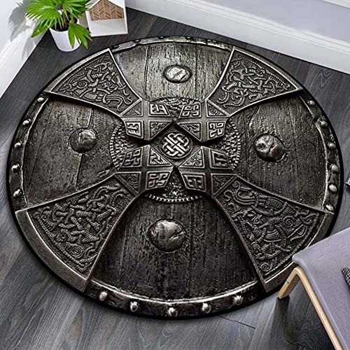 PBTMCD 3D-Druck Wikinger Muster Rund Bodenschutzmatte, Wohnzimmer-Matten Rutschhemmende Rückseite Stuhlkissen, Haus dekorieren Teppich,Shield,120x120cm von PBTMCD