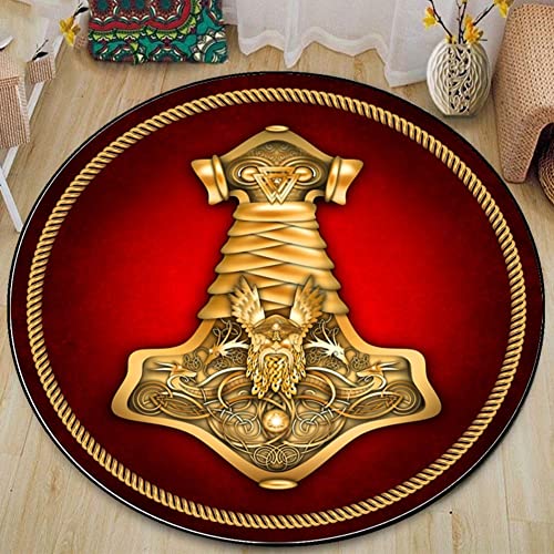 PBTMCD 3D-Druck Wikinger Muster Rund Bodenschutzmatte, Wohnzimmer-Matten Rutschhemmende Rückseite Stuhlkissen, Haus dekorieren Teppich,Thor's hammer1,120x120cm von PBTMCD