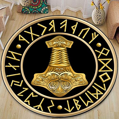 PBTMCD 3D-Druck Wikinger Muster Rund Bodenschutzmatte, Wohnzimmer-Matten Rutschhemmende Rückseite Stuhlkissen, Haus dekorieren Teppich,Thor's hammer2,100x100cm von PBTMCD