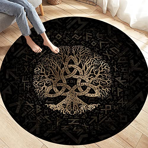 PBTMCD 3D-Druck Wikinger Muster Rund Bodenschutzmatte, Wohnzimmer-Matten Rutschhemmende Rückseite Stuhlkissen, Haus dekorieren Teppich,Tree of life7,100x100cm von PBTMCD