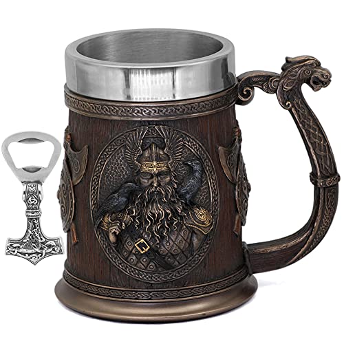 PBTMCD 3D Wikinger Krug Becher mit Thors Hammer Flaschenöffner, Whisky-Fass-Cup Barkrug Bierkrug, für Männer Vatertag Kaffeetasse Geschenk,Odin2 von PBTMCD