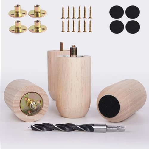 PBUY 10,2 cm unlackierte Holz-Möbelbeine (4 Stück) – Massivholz zylindrische Ersatzfüße für Tisch, Couch, Sofa, Stuhl und Schrank – naturbelassene unlackierte Hartholzbeine für DIY-Möbel von PBUY