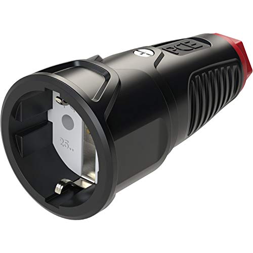 PCE 2510-sr Taurus2 Gummi-Kupplung nat IP20 (schwarz/rot) I Schuko Kupplung I Schutzkontaktkupplung | Robuste Gummi Steckverbindung | Schuko Stecker Kupplung für Kabel & Verlängerung von PCE