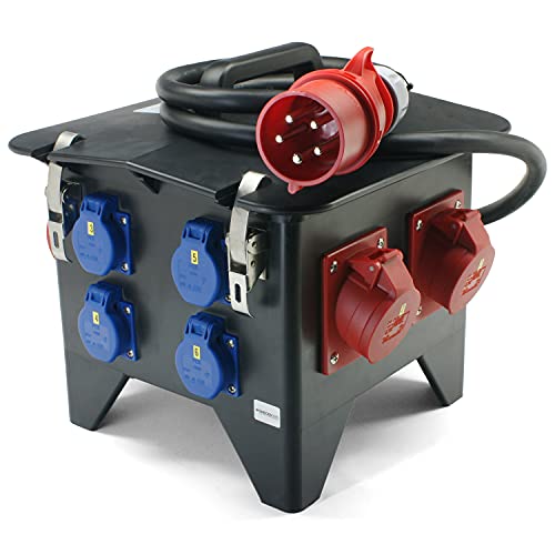Mobiler Vollgummi-Verteiler SPITZ CEE-Stecker 400V/32A H07RN-F 5x6 mm² mit 2x CEE 400V/32A + 2x CEE 400V/16A + 4x SK 230V/16A IP54 mit FI/LS von PCE