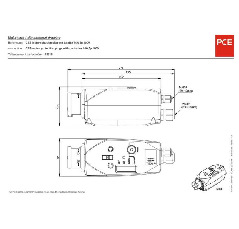 PCE Steckdose PCE 5571502400 CEE Motorschutzstecker 16 A 5polig 400 V 1 St. von PCE