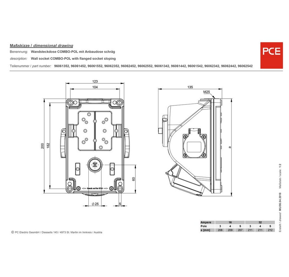 PCE Steckdose PCE 96061552 CEE Wandsteckdose 16 A 5polig 400 V 1 St. von PCE