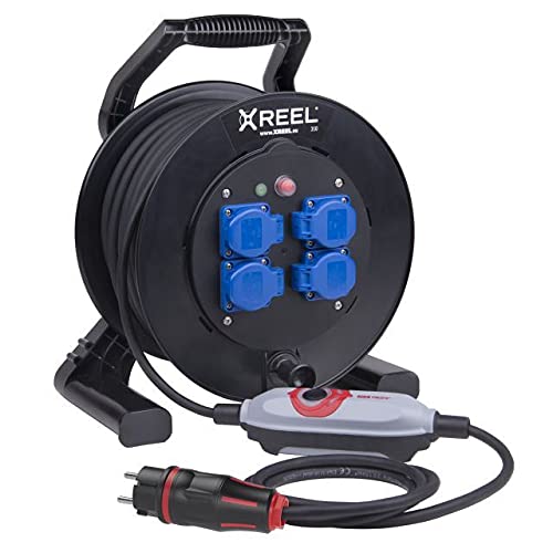 Sicherheits-Kabeltrommel XREEL 230V/16A K2 IP54 Gummi H07RN-F 3x2,5mm² schwarz mit PRCD-S+ 40m von PCE