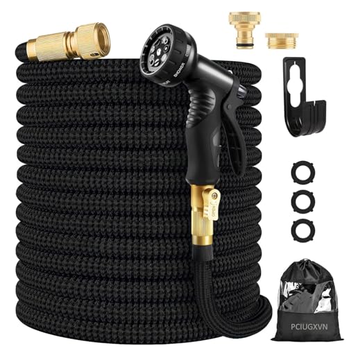 Flexibler Gartenschlauch Erweiterbarer Wasserschlauch mit 10-Brause Adapter aus Messing Aufhänger Bewässerung Gartenarbeit einziehbarer Schwerlastschlauch 4-lagiger Latexkern Anschluss(15M, Schwarz) von PCIUGXVN