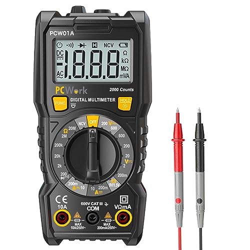 PCWork Multimeter Digital Einsteiger PCW01A, Digital Multimeter, Großes Display 2000 Counts, CAT III 600V, Strommessgerät, Spannungsmessgerät, Durchgangsprüfer,KFZ Multimeter, Stromprüfer von PCWork