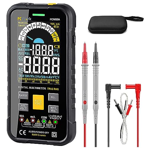 PCWork Profi Smart Multimeter Digital PCW03A, Multimeter 1000V, AUTO RANGE, TRUE RMS, Großes LCD Farbdisplay 9999 Counts, LED Buchsen Anzeige, Durchgangsprüfer, Strommessgerät, Kapazitätsmessgerät von PCWork