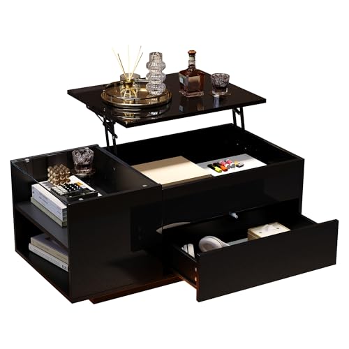 Couchtisch Höhenverstellbar, LED-Licht Couchtisch mit Verstecktem Sofatisch Mit Steckdose Stauraum Beistelltisch 1 Ausziehbaren Schubladen Tisch, 95 * 48 * 42 cm (Schwarz) von PCXWTLN