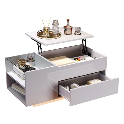 Couchtisch Höhenverstellbar, LED-Licht Couchtisch mit Verstecktem Sofatisch Mit Steckdose Stauraum Beistelltisch 1 Ausziehbaren Schubladen Tisch, 95 * 48 * 42 cm (Weiß) von PCXWTLN
