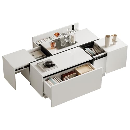 Couchtisch Quadratisch für Wohnzimmer, Moderner Couchtisc mit Vier Schubladen Hochglanzoptik Couchtisch Niedrig Wohnzimmertisch, Verschiebbare Tischplatte, 100 x60 x40 cm, Weiß von PCXWTLN