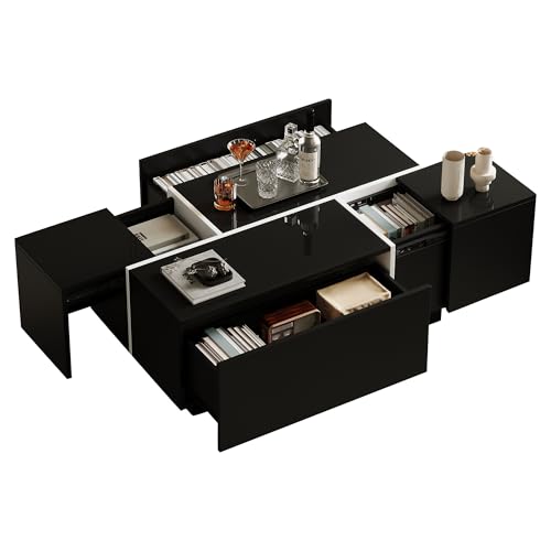 Couchtisch Quadratisch für Wohnzimmer, Moderner Couchtisc mit Vier Schubladen Hochglanzoptik Couchtisch Niedrig Wohnzimmertisch, Verschiebbare Tischplatte, 100 x60 x40 cm, Schwarz von PCXWTLN