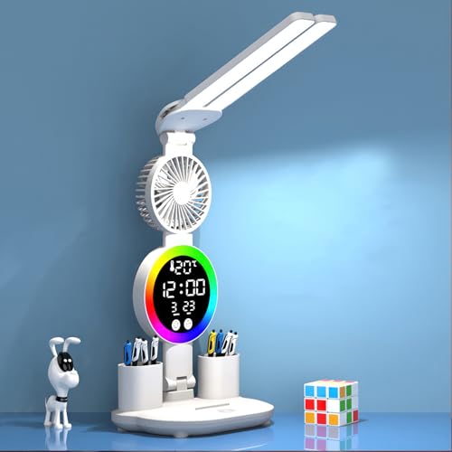 Double Head LED Schreibtischlampe,mit Uhr Temperaturanzeige Ventilator, 7W Dimmbar Akku Tischlampe mit 3200mAh, Touch Steuerung 3 Lichtfarben, Type-C Tischlampe mit Stifthalter & Ambientelicht von PCXWTLN