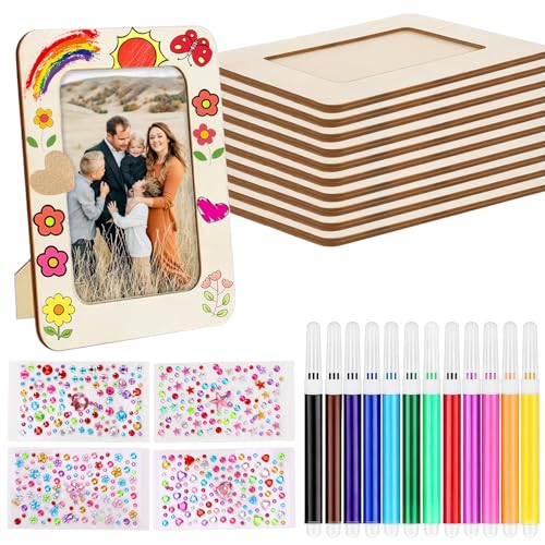 PCXWTLN 10 Stück Bilderrahmen Holz Set, 19x14 cm Bilderrahmen zum Bemalen KinderBilderrahmen mit Glitzersteinen Selbstklebend Sticker 12 Farbpinsel für DIY Bemale Jubiläen Geburtstage von PCXWTLN