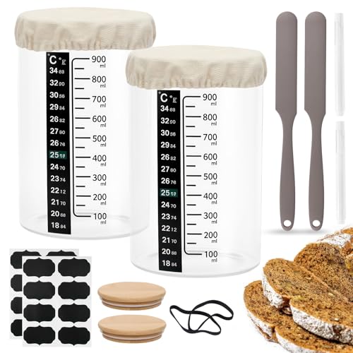 PCXWTLN 2 Stück Sauerteig Starter Set, 1000ml Gärglas Sauerteig Fermentationsgläser Sourdough Starter Kit mit Holzdeckel Gärtuch Temperaturband Datumsband Silikonspatel Zubehör für Brot Backen von PCXWTLN