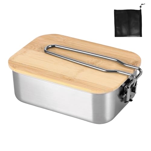 PCXWTLN Bento Lunchbox für Erwachsene/Kinder, 304 Edelstahl Brotdose mit Bambusbezug Klappbarer Griff BPA-frei Metall Brotbox Outdoor-Multifunktion Vesperdose für Schule Ausflüge Kindergarten - 900ML von PCXWTLN