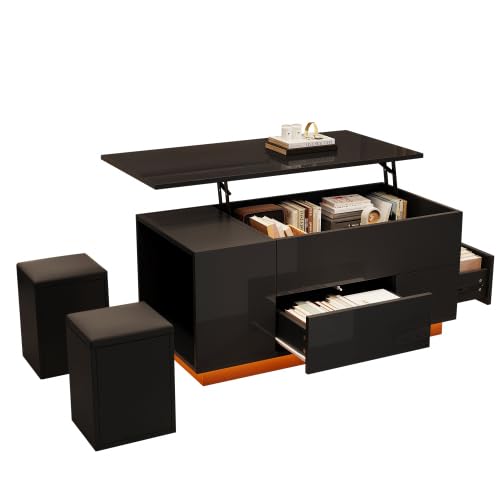PCXWTLN Couchtisch 4-in-1 höhenverstellbarer Sofatisch mit LED, kaffeetisch und Hochglanztisch mit Sofa und 2 Hockern,Beistelltisch mit verstecktem Stauraum,Tragkraft bis 50kg,Schwarz 100 * 50 * 45cm von PCXWTLN