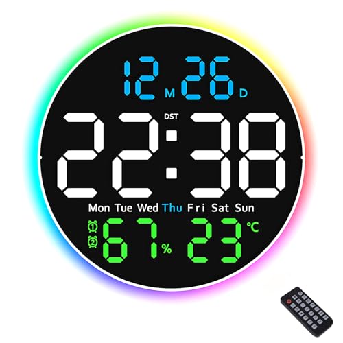 PCXWTLN Digitale Wanduhr, Modernes Digitale Wanduhr mit Fernbedienung & 10" LED Bildschirm, 10 RGB-Farben Stimmungsvolle Lichtdekoratio, Uhrzeit, Wecker, Geeignet für Wohn und Schlafzimmer von PCXWTLN