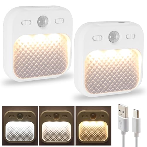 PCXWTLN LED Nachtlicht mit Bewegungsmelder, 2 Stück Innen Magnetisch Nachtlicht USB Wiederaufladbares Nachtlampe Dimmbar Wandleuchte für Schlafzimmer Gang Kinderzimmer, 3 Nutzungsmodi, 3 Farbmodi von PCXWTLN