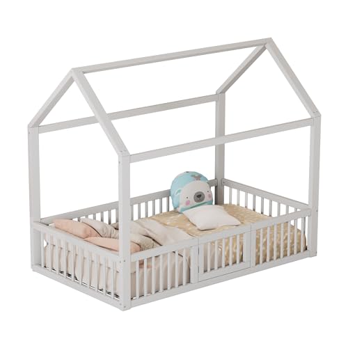 PCXWTLN Massivholzbett, weiß Flachbett Hausform Hausbett Einfaches Flaches Design Geeignet für Kleine Wohnungen, 90 * 200 cm von PCXWTLN