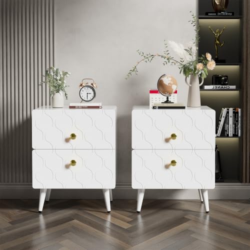 PCXWTLN Moderner Nachttisch, kommode vergoldete Griffe, Wellenmuster nachttische 2er-Set, Beistelltisch 2 Schubladen,kommode Schlafzimmer Ecken mit stoßfestem Design, 39,5 B*40 T*50 H cm, Weiß von PCXWTLN