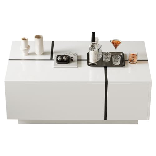PCXWTLN Moderner schwarzer quadratischer Couchtisch, Sofatisch in Patchwork-Farben mit Hochglanzoptik, Wohnzimmertisch mit Vier Schubladen, verschiebbare Tischplatte 100 x 60 x 40 cm (White) von PCXWTLN