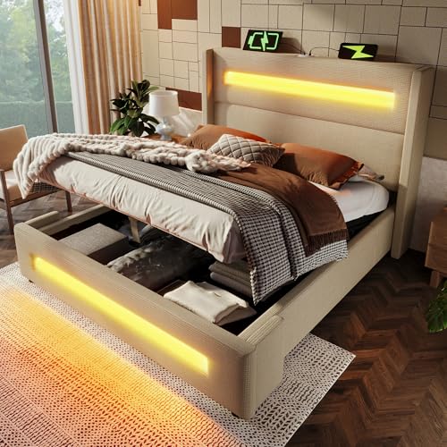 PCXWTLN Polsterbett Doppelbett, 160x200 cm Hydraulisch Stauraumbett Jugendbett mit LED Stauraumbett mit hydraulischem Stauraum und USB Type-C Aufladen, Leinen, ohne Matratze (Beige) von PCXWTLN