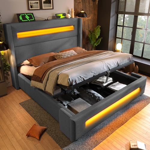 PCXWTLN Polsterbett Doppelbett, 160x200 cm Hydraulisch Stauraumbett Jugendbett mit LED Stauraumbett mit hydraulischem Stauraum und USB Type-C Aufladen, Leinen, ohne Matratze (Grau) von PCXWTLN