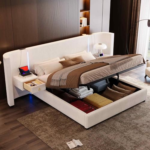 PCXWTLN Polsterbett mit LED-Leiste, 180 * 200CM Doppelbett mit 2 Schubladen hydraulischer Stauraum Kleidung aufbewahren USB + Type-C, Ohne Matratze (Beige) von PCXWTLN