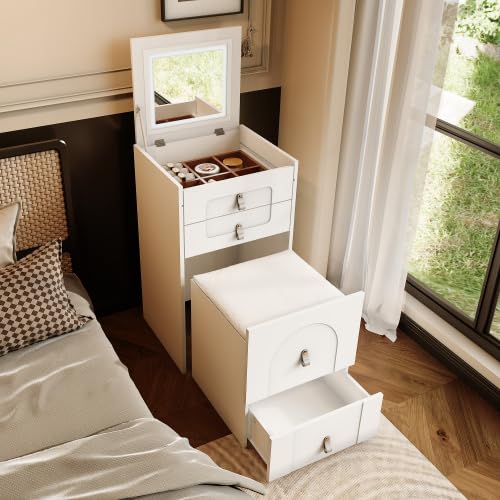 PCXWTLN Schminktisch mit Spiegel,Multifunktionaler Aufbewahrungshocker Nachttisch,Kleiner Vanity Table mit 3 Schubladen Gepolstertes Werkzeug,mit Stuhl Hocker (Weiß) (80 * 50 * 40CM) von PCXWTLN