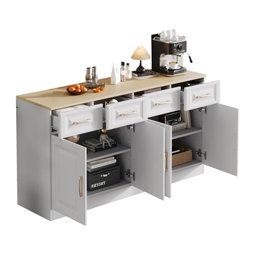 PCXWTLN Sideboard, 140CM Breit Küchenschrank Küchenschrank mit 4 Schubladen und 4 Türen Lange Schließfächer für Küche, Esszimmer, Wohnzimmer, Weiß, 140x75x40CM von PCXWTLN