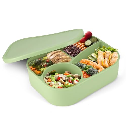 PCXWTLN Silikon Brotdose, BPA Frei, Tragbar Brotdose mit 4 Fächern Schule Auslaufsichere Bentobox Lunchbox Reise Lunch Box Brotdosen für Schule Picknick Kindergarten - 1300ml (Grün) von PCXWTLN