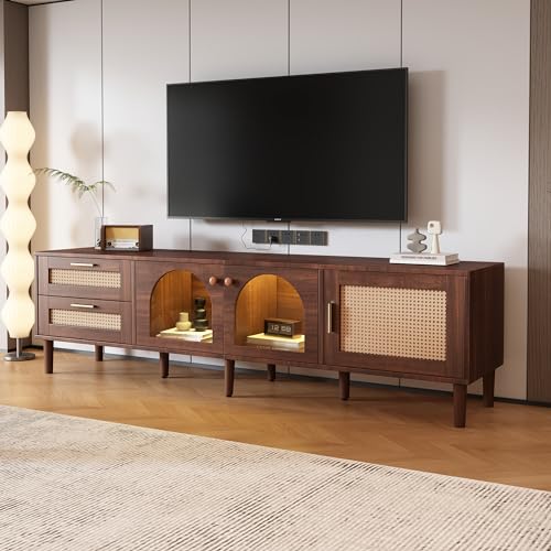 PCXWTLN TV-Schrank für 80-Zoll-Fernseher, 180 cm fernsehschrank mit 2 Rattan-Schubladen, 2 Gewölbten Glastüren und 1 Rattan-Tür, LED-Beleuchtung, Tv Cabinet Wohnzimmer PCXWTLN TV-Schrank für 80-Zoll-Fernseher, 180 cm fernsehschrank mit 2 Rattan-Schubladen, 2 Gewölbten Glastüren und 1 Rattan-Tür, LED-Beleuchtung, Tv Cabinet Wohnzimmer von PCXWTLN