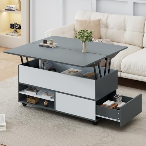 PCXWTLN Table Basse Relevable, Table de Salon Multifonctionnelle Rangement Caché, Table Basse Convertible Manger de Salon mit Rollen und Schubladen,grau-weiße Spleiße 100 * 98 * 65cm PCXWTLN Table Basse Relevable, Table de Salon Multifonctionnelle Rangement Caché, Table Basse Convertible Manger de Salon mit Rollen und Schubladen,grau-weiße Spleiße 100 * 98 * 65cm von PCXWTLN